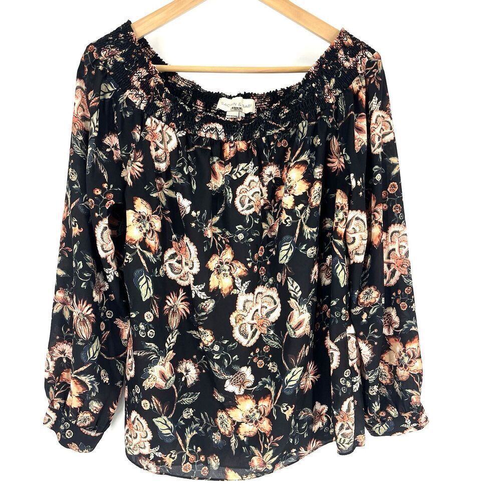Sachin & Babi Top Size Medium Womens Black Floral Smocked Square Neck Peasant